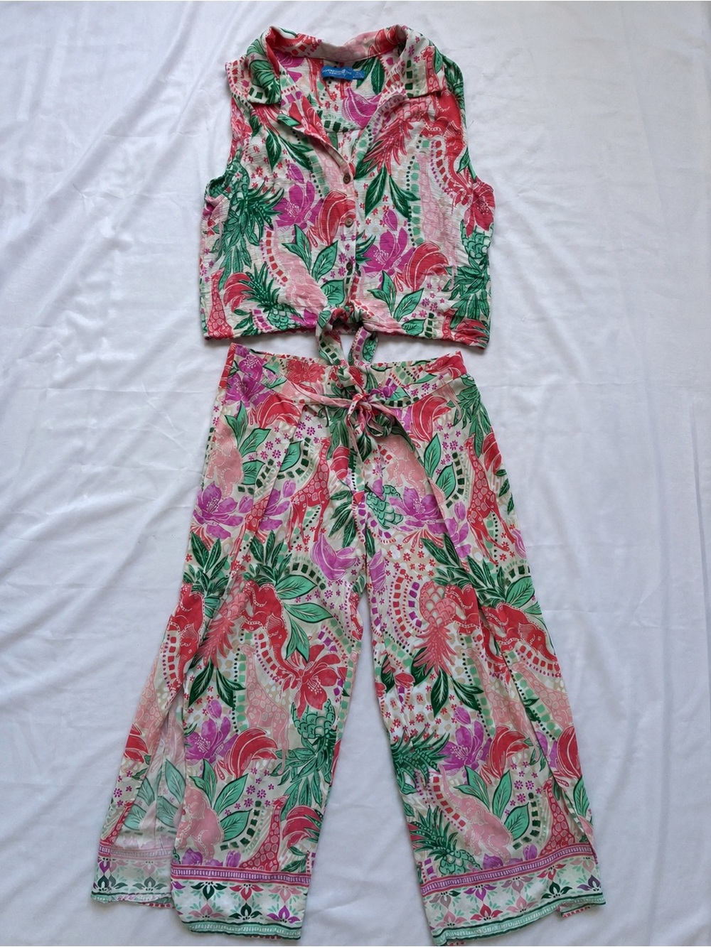Caribbean Joe Pink & Green Floral Wide-Leg Pants and Crop Top Set